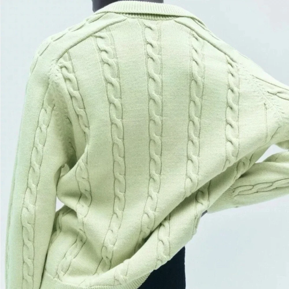NWT Zara light lime green classic Cable knit collared sweater small pullover - Picture 4 of 9